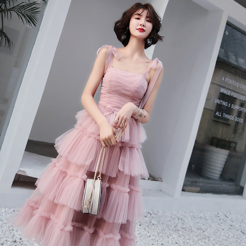 Pink tulle short prom dress, pink evening dress  8053