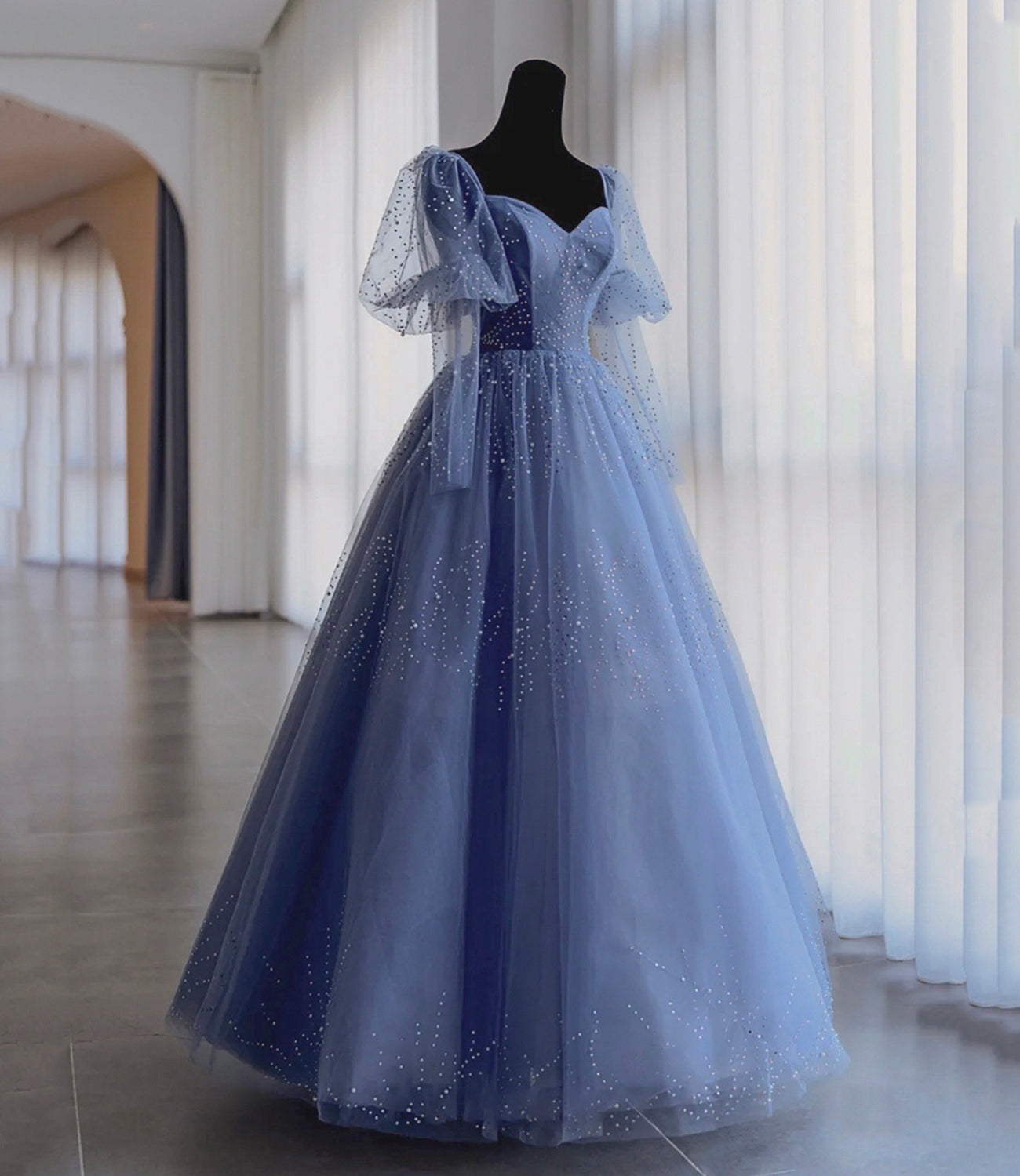 Blue tulle beads long prom dress blue evening dress  10522