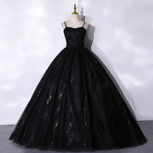 Black tulle long prom dress black evening gown  10066