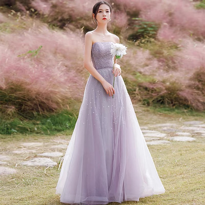 Purple tulle beads long prom dress A ine evening gown  10209