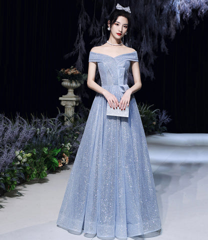 Robe de soirée longue en tulle bleu à paillettes 10465