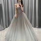 Gray tulle sequins long prom dress A line evening gown  10564