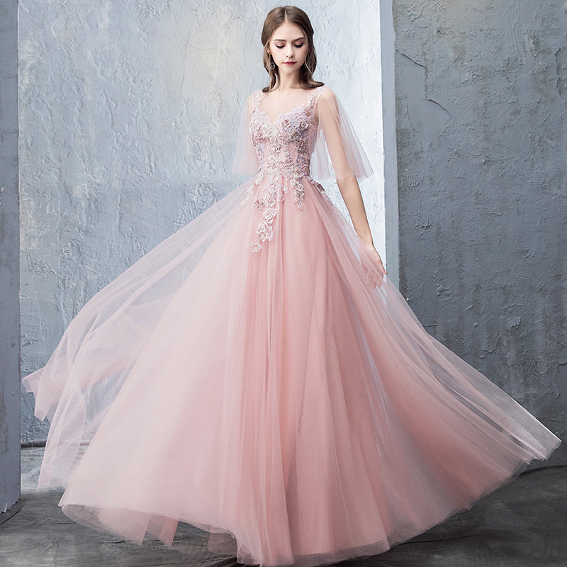 Robe de soirée longue en tulle et dentelle rose 8255