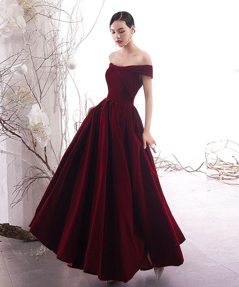 Burgundy velvet long prom dress formal dress  8264