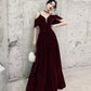Burgundy velvet long prom dress A line evening gown  10370