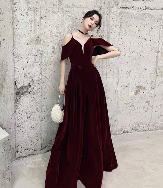 Burgundy velvet long prom dress A line evening gown  10370