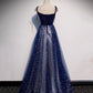 Blue velvet tulle long prom dress A line evening dress  10515