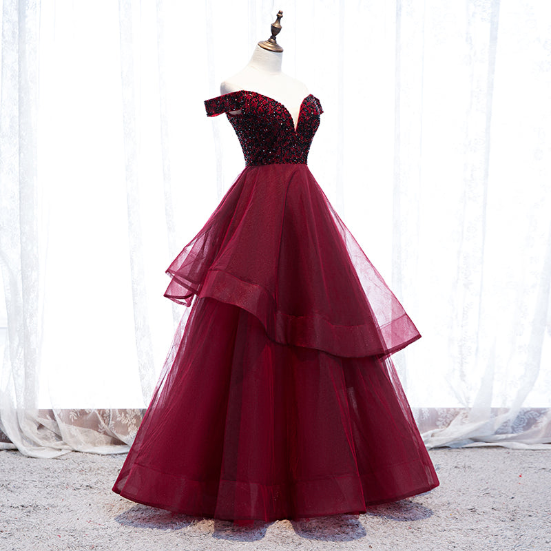 Burgundy tulle long prom gown formal dress  8270