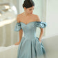 Blue satin long A line prom dress blue evening dress  10215
