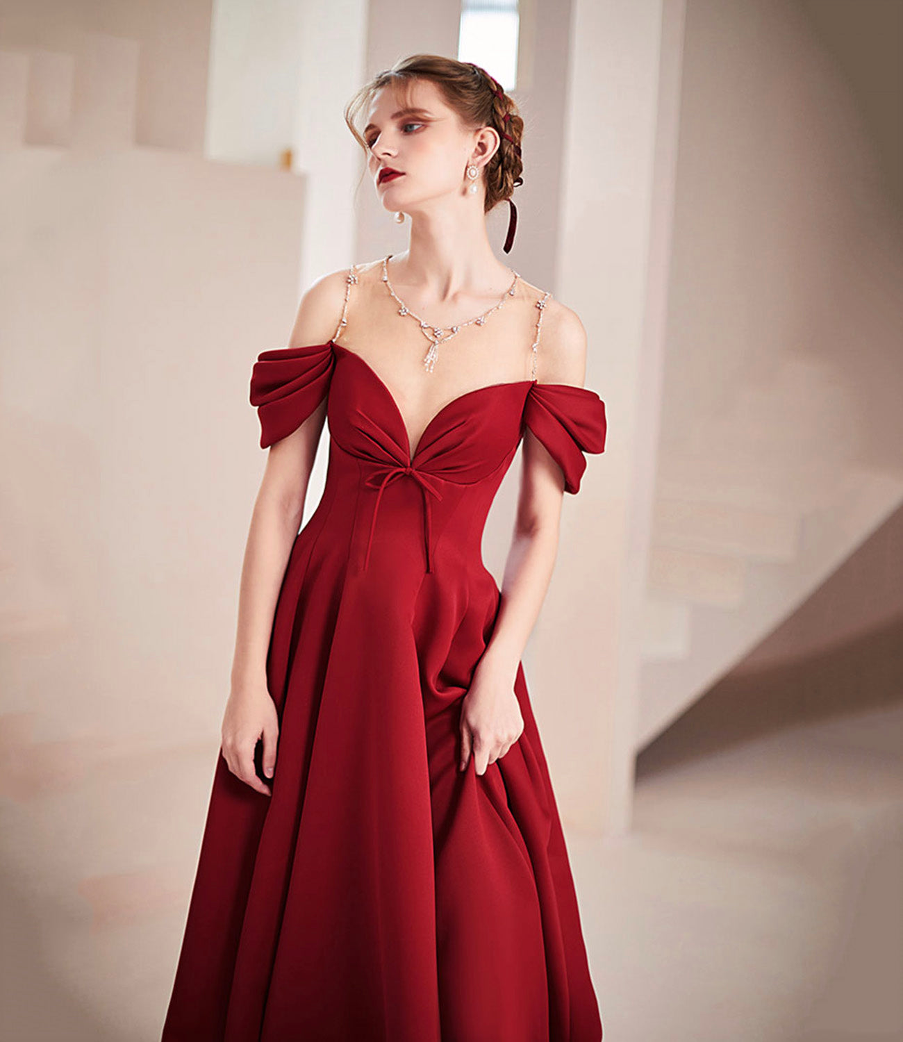 Burgundy satin long prom dress A line evening dress  10578