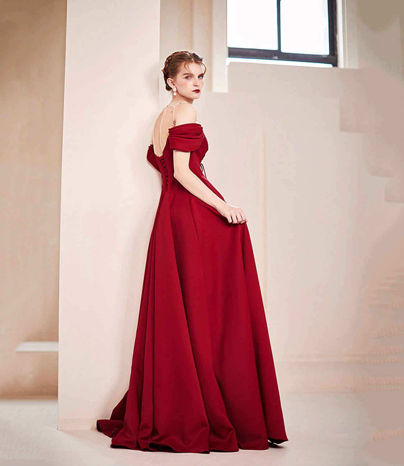 Burgundy satin long prom dress A line evening dress  10578