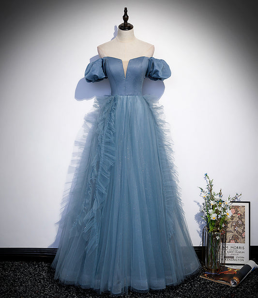 Blue satin tulle long prom dress blue evening dress  10312