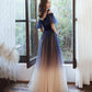 Blue velvet tulle long prom dress A line evening dress  10365