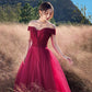 Red tulle beads long prom dress A line evening dress  10307
