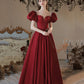 Burgundy satin long prom dress A line evening dress  10373
