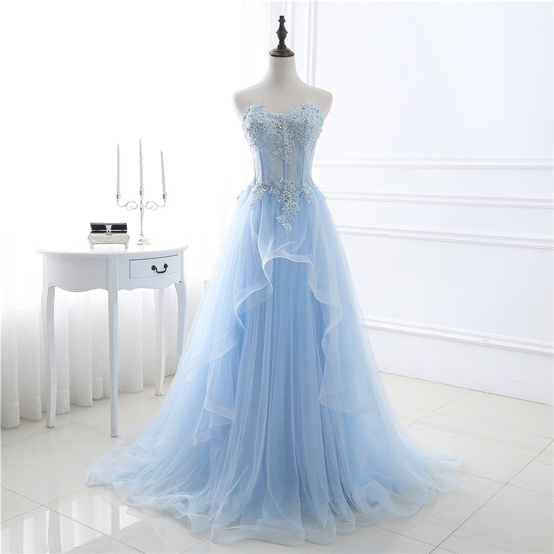 Blue tulle lace long prom dress, blue lace evening dress  8039