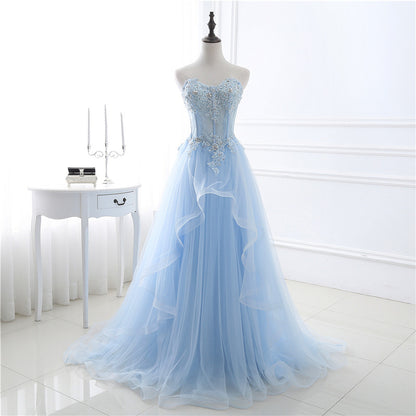 Blue tulle lace long prom dress, blue lace evening dress  8039