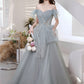 Gray tulle sequins long prom dress A line evening dress  10646