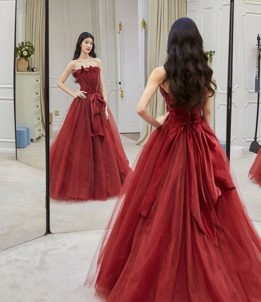 Burgundy tulle long prom dress A line evening dress  10146