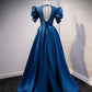 Blue satin long prom dress A line evening gown  10309