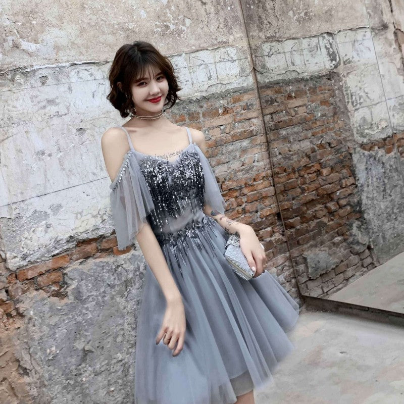 Cute v neck tulle sequins prom dress, gray evening dress  7964