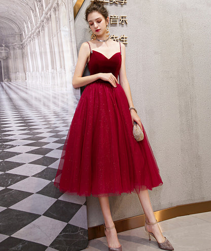 Burgundy velvet tulle short prom dress party dress  8392