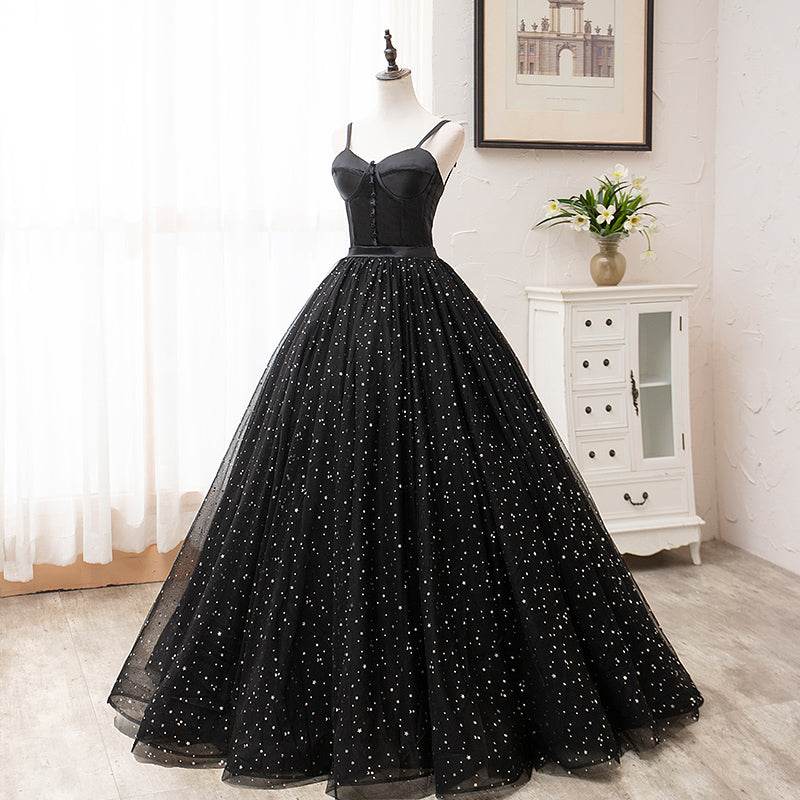 Black tulle long prom gown black evening dress  8456