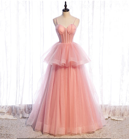 Rosa Tüll langes Ballkleid A-Linie Abendkleid 10012