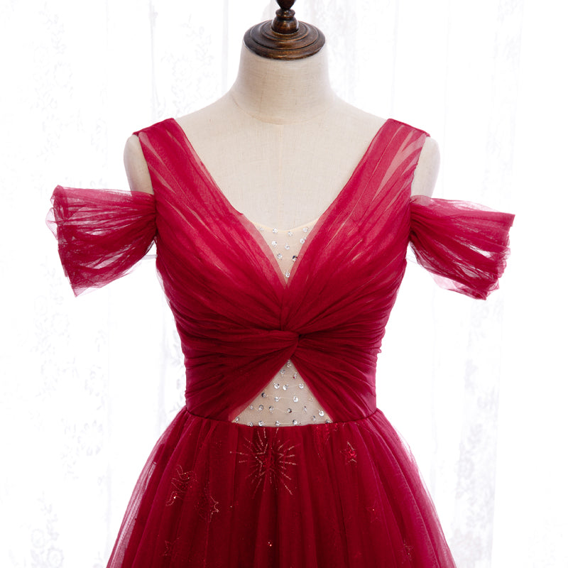 Robe de bal longue en tulle bordeaux avec perles 8260