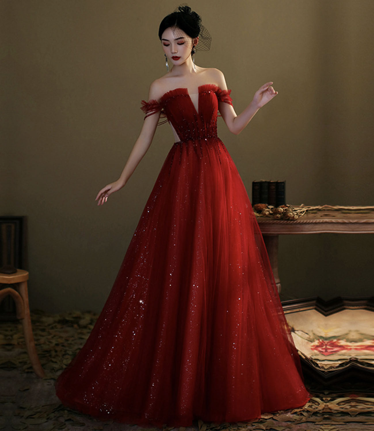 Red tulle sequins long prom dress evening gown  10276