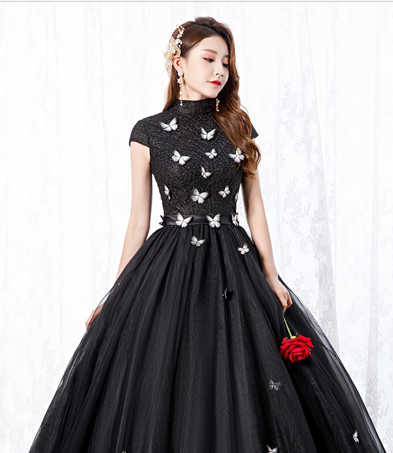 Black tulle long A line ball gown dress formal dress  8650