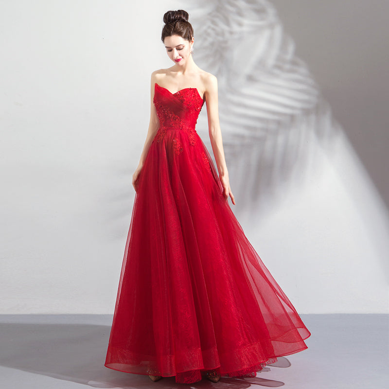 Red tulle long prom dress red evening dress  8297