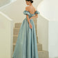 Blue satin long A line prom dress blue evening dress  10215