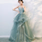 Green tulle lace long prom dress evening gown  10134