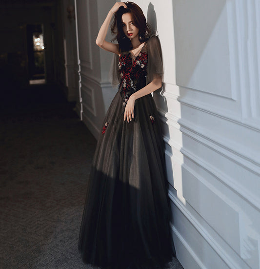 Black v neck tulle sequins long prom dress evening gown  10036