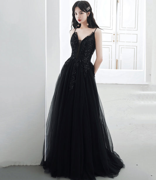 Black tulle sequins long prom dress evening dress  10391