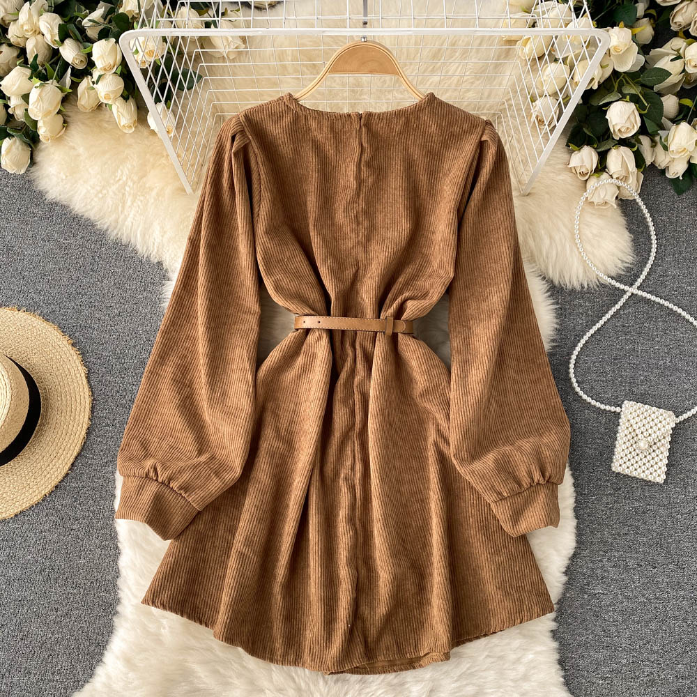 Simple Corduroy Long Sleeve Dress Fashion Dress  10887