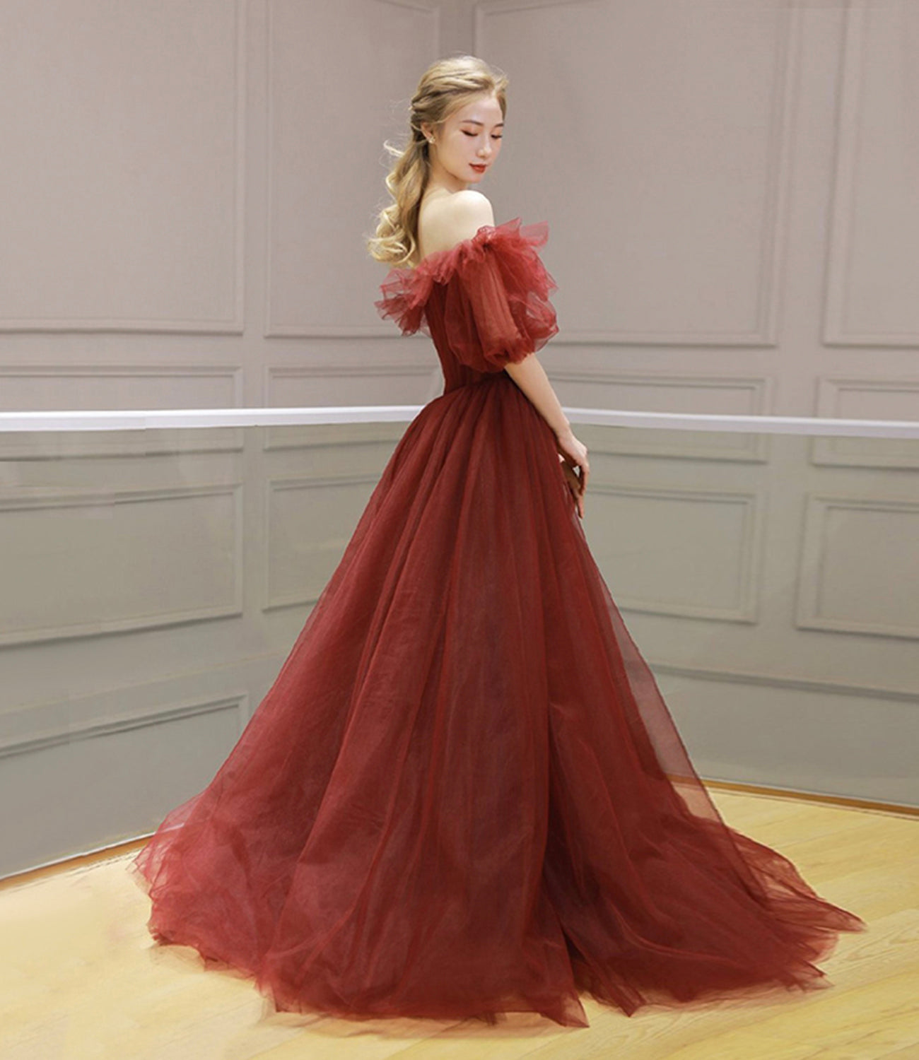 Burgundy tulle long prom dress A line evening dress  8579