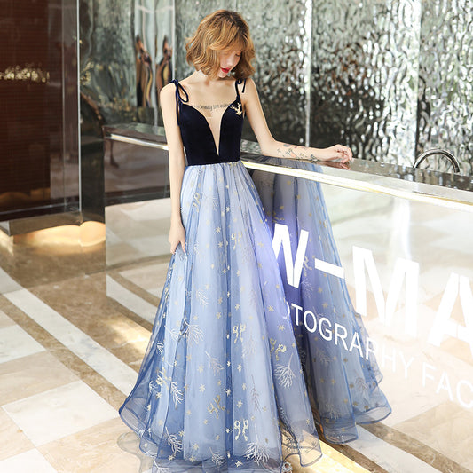 Blue v neck tulle long prom dress  8194