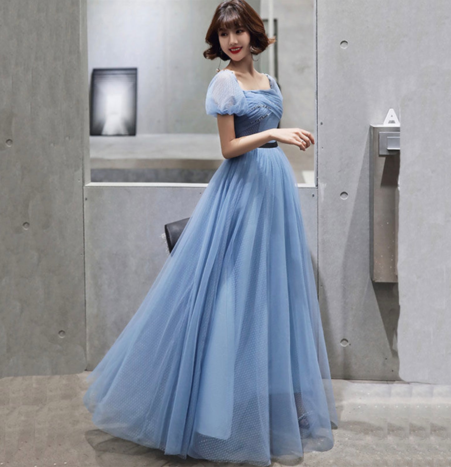 Blue tulle long prom dress blue evening dress  10054