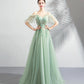Green tulle lace long prom dress A line evening dress  10575