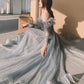 Gray tulle sequins long prom dress A line evening dress  10559