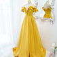 Yellow satin long A line prom dress evening dress  8812