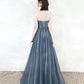 Blue tulle beads long prom dress A line evening dress  10549