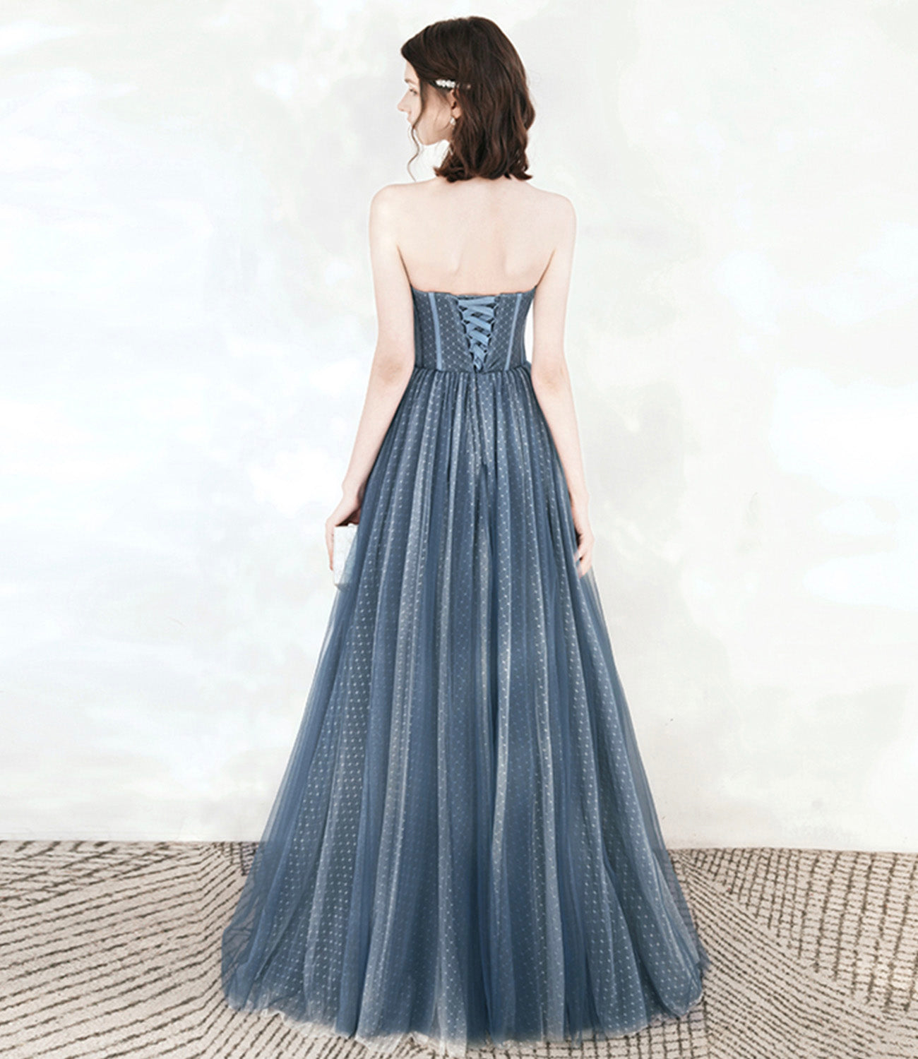 Blue tulle beads long prom dress A line evening dress  10549