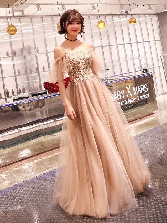 Coffee tulle lace long prom dress evening dress  8212