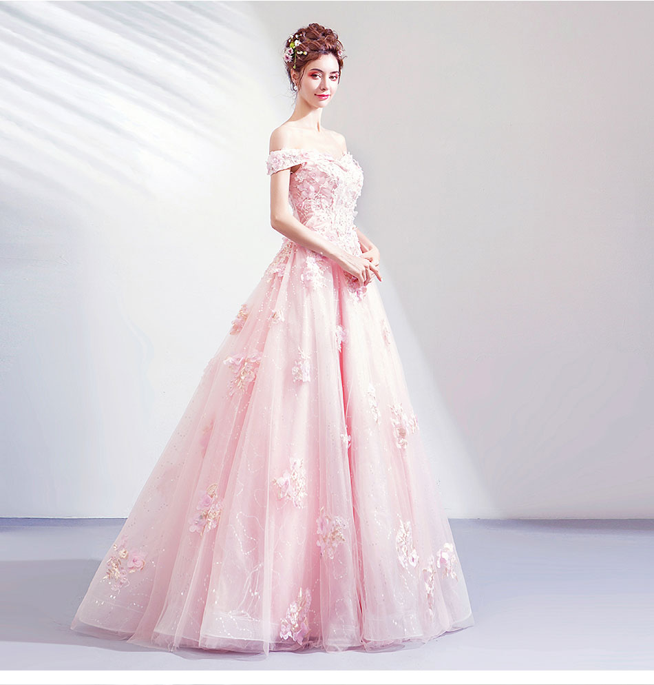 Pink tulle lace long prom gown formal dress  8259