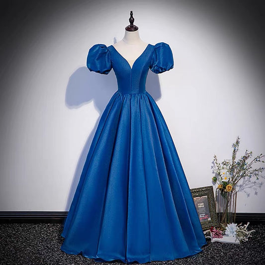 Blue saitn long prom dress A line evening gown  10102