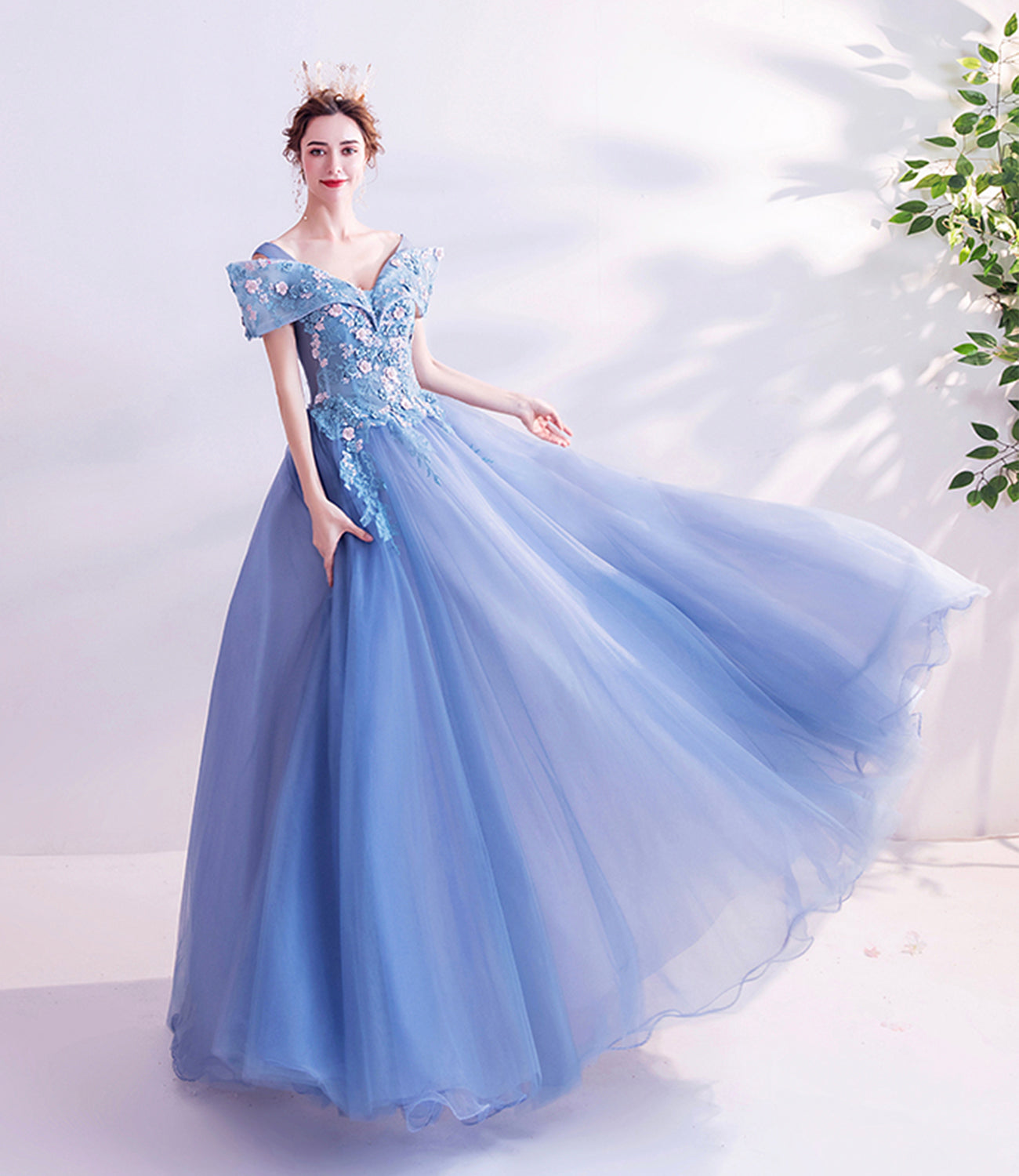 Blue tulle lace long prom dress A line formal dresses  10455