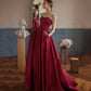 Red satin long A line prom dress red evening dress  10594